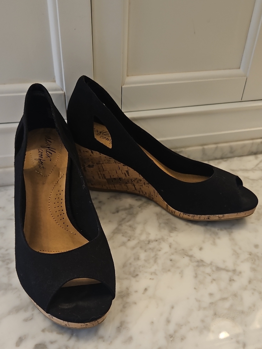 dexflex comfort Black Peep-Toe Cork Wedge Heels